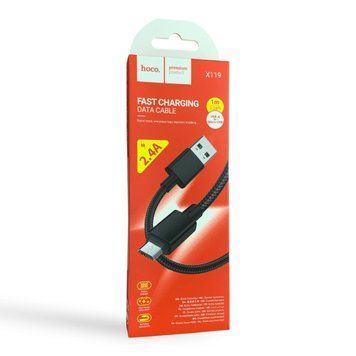 Кабель Hoco X119 USB &ndash; Micro USB 1 м чёрный (нейлоновая оплётка, 2.4A, передача данных) 0062550 фото