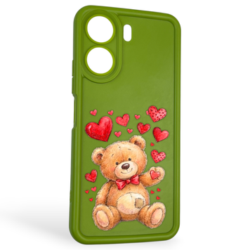 Чехол силиконовый оригинальный Soft Touch с 3D принтом милый мишка для Xiaomi Redmi 13C салатовый (Полная защита камеры) 0043684 фото