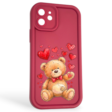 Чохол силіконовий оригінальний Soft Touch з 3D принтом милий ведмедик для Apple iPhone 12 бордовий (Повний захист камери) 0043194 фото