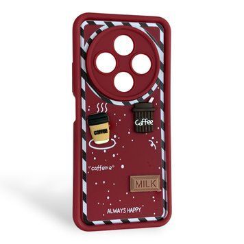 Чохол для Xiaomi Poco C75 бордовий з 3D фігурками (кава, софт-тач) 0062422 фото