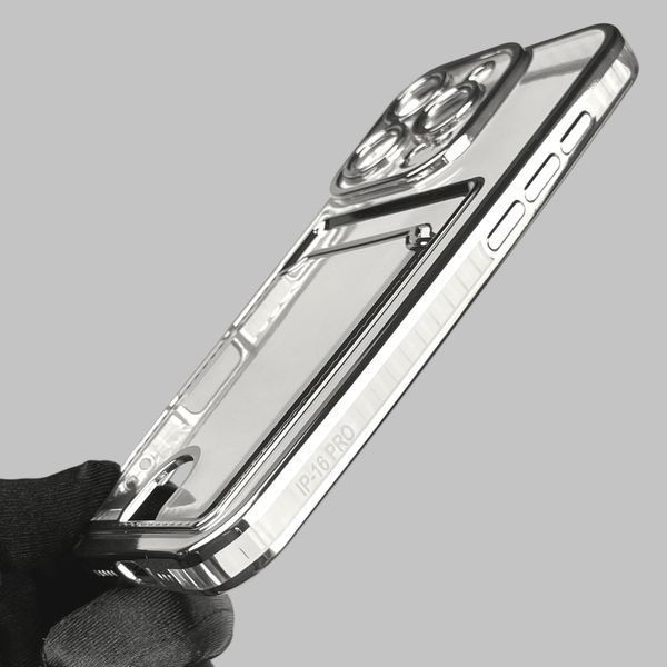 Чехол для Apple iPhone 16 Pro с серебряной окантовкой с карманом для карт на айфон 16 про серебряный 0013032 фото