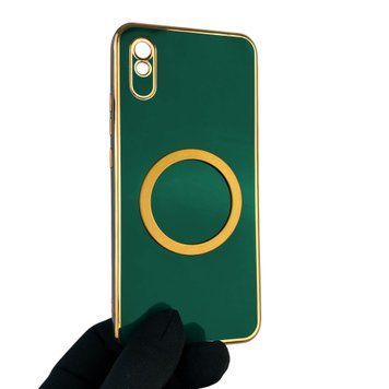Чехол для Xiaomi Redmi 9A с кольцом MagSafe с золотой окантовкой на редми 9а темно-зелёный gs1 0022580 фото