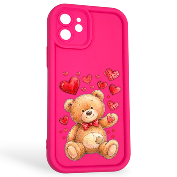Чохол силіконовий оригінальний Soft Touch з 3D принтом милий ведмедик для Apple iPhone 12 малиновий (Повний захист камери) 0043196 фото