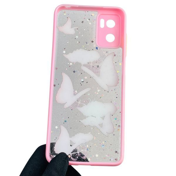 Чехол для Motorola E22i с блёстками с бабочками на моторола е22и розовый 0037791 фото
