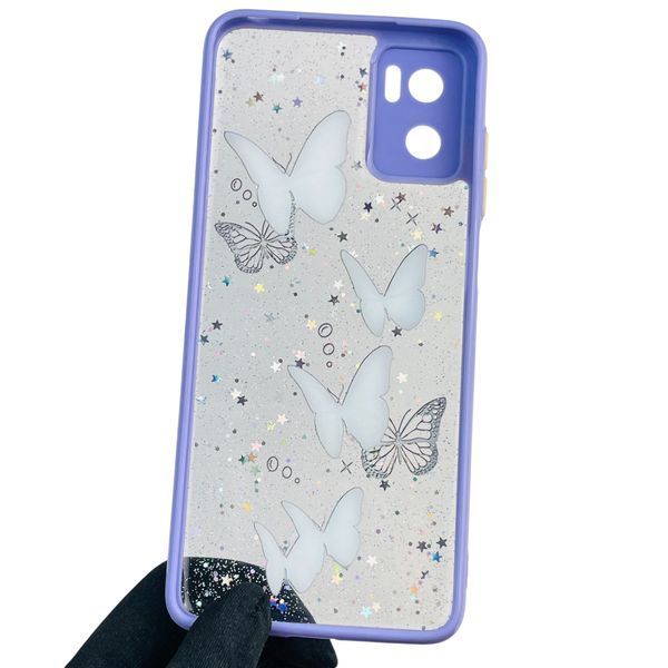Чехол для Motorola E22i с блёстками с бабочками на моторола е22и сиреневый 0037792 фото