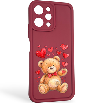 Чехол силиконовый оригинальный Soft Touch с 3D принтом милый мишка для Xiaomi Redmi 12 бордовый (Полная защита камеры) 0043642 фото