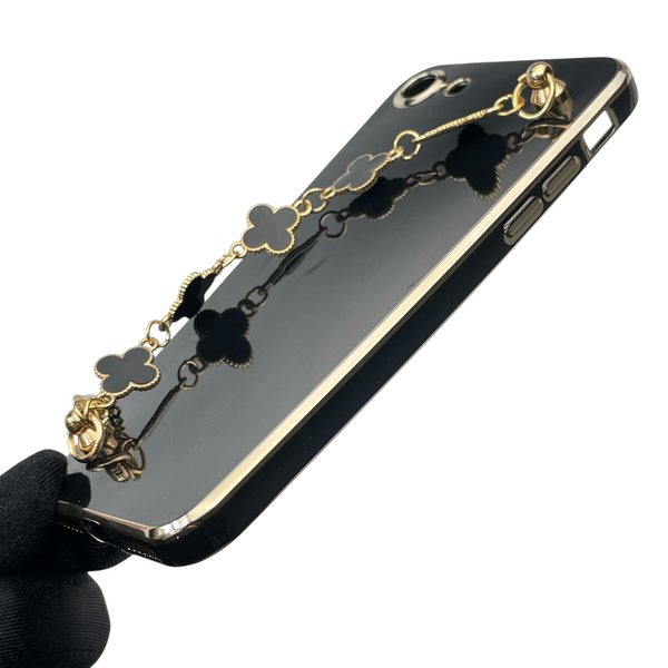 Чехол для телефона Apple iPhone 8 женский с ремешком и украшениями и золотой окантовкой на айфон 8 черный gs1 0016312 фото