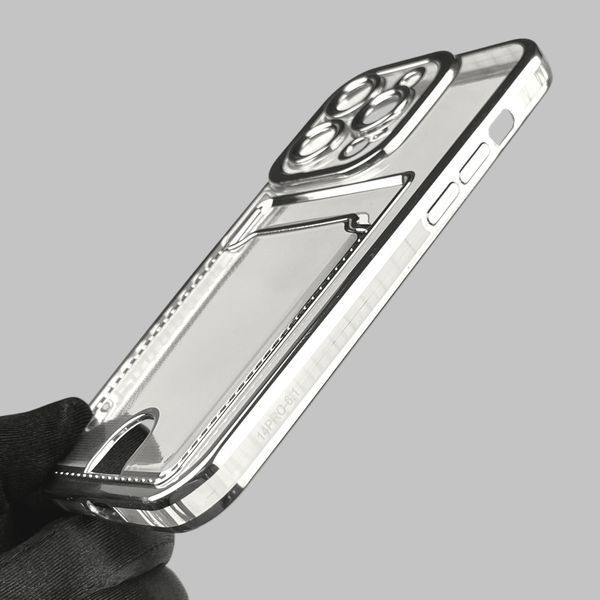 Чехол для Apple iPhone 14 Pro с серебряной окантовкой с карманом для карт на айфон 14 про серебряный 0013014 фото