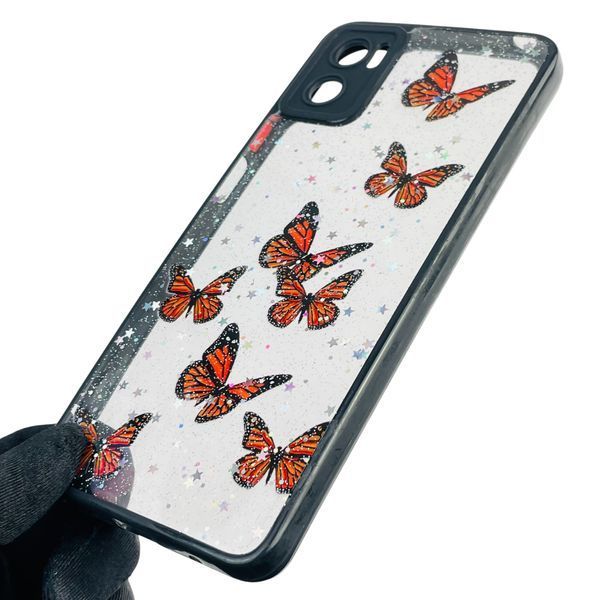 Чехол для Motorola E22i с блёстками с бабочками на моторола е22и черный 0037793 фото