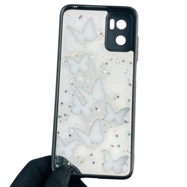 Чехол для Motorola E22i с блёстками с бабочками на моторола е22и черный 0037793 фото