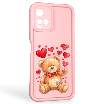 Чехол силиконовый оригинальный Soft Touch с 3D принтом милый мишка для Vivo Y21 розовый (Полная защита камеры) 0043578 фото