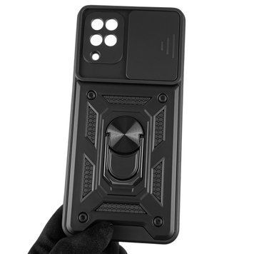 Чехол для Samsung Galaxy M12 (SM-M127F) бронированный с кольцом со шторкой на камеру на самсунг м12 чёрный 0008302 фото