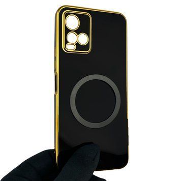 Чохол для Vivo Y33S глянцевий з кільцем MagSafe із золотою окантовкою на віво у33с чорний gs1 0022023 фото