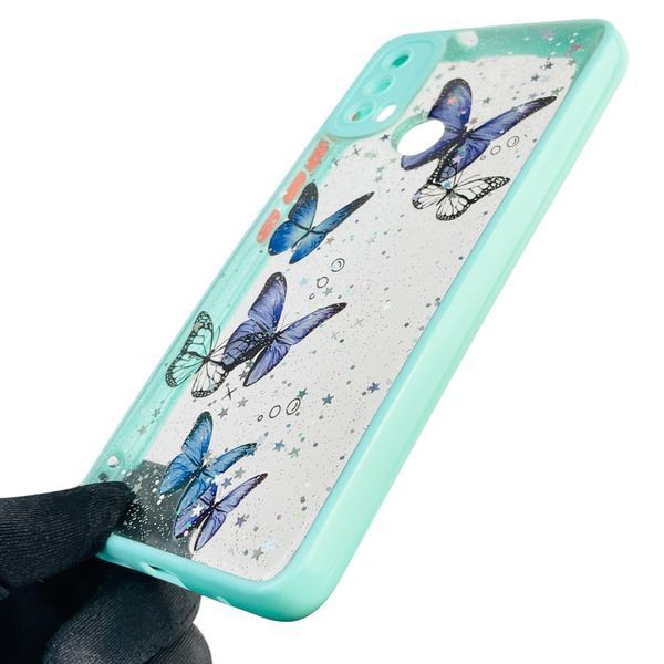 Чехол для Motorola Moto E20 с блёстками с бабочками на моторола е20 бирюзовый 0037795 фото
