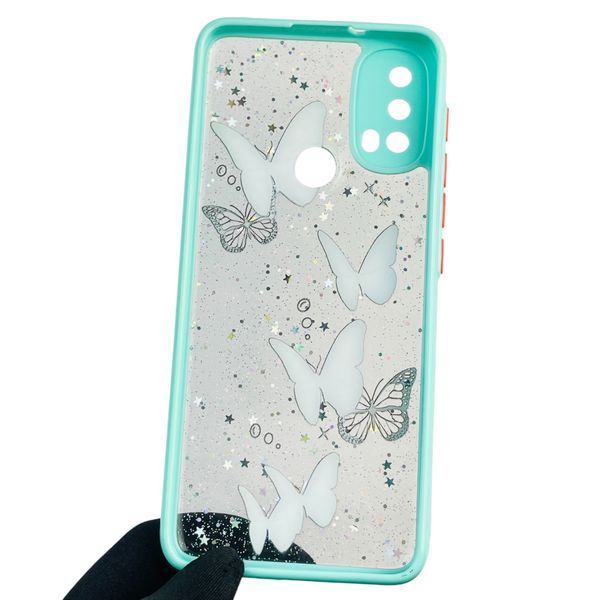 Чехол для Motorola Moto E20 с блёстками с бабочками на моторола е20 бирюзовый 0037795 фото