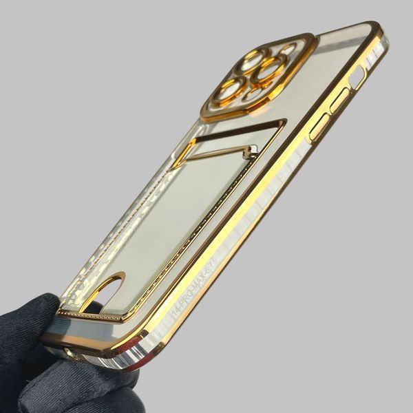 Чехол для Apple iPhone 14 Pro Max с золотой окантовкой с карманом для карт на айфон 14 про макс золотой 0013016 фото