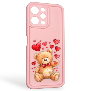 Чехол силиконовый оригинальный Soft Touch с 3D принтом милый мишка для Xiaomi Redmi 12 розовый (Полная защита камеры) 0043645 фото