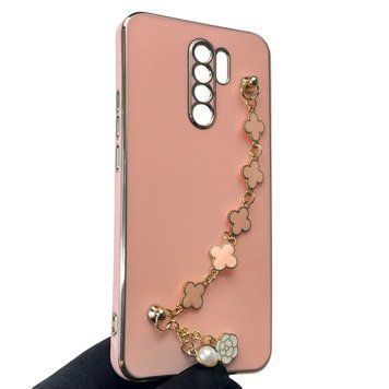 Чехол для телефона Xiaomi Redmi 9 женский с ремешком и украшениями и золотой окантовкой на сяоми редми 9 пудровый gs1 0016257 фото