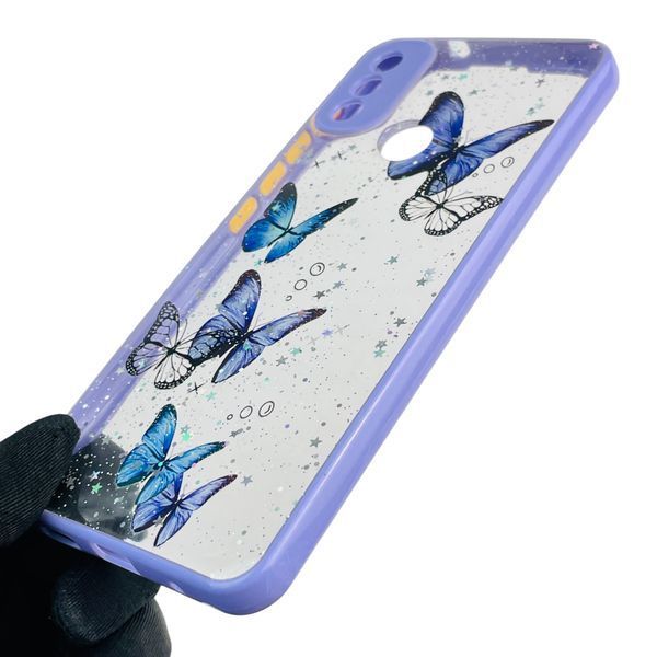 Чехол для Motorola Moto E20 с блёстками с бабочками на моторола е20 сиреневый 0037544 фото
