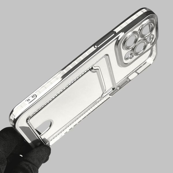 Чехол для Apple iPhone 14 Pro Max с серебряной окантовкой с карманом для карт на айфон 14 про макс серебряный 0013018 фото
