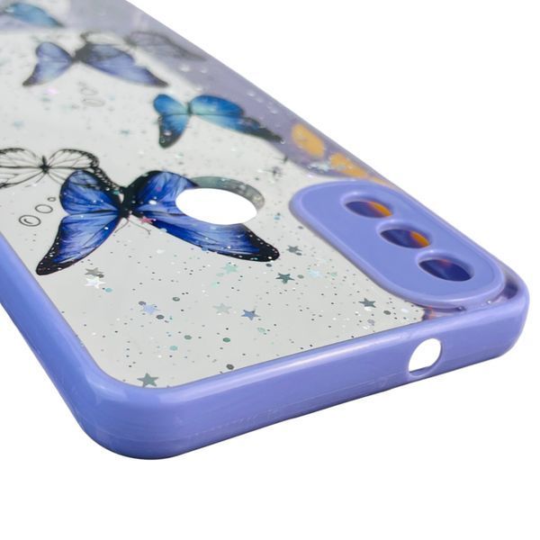 Чехол для Motorola Moto E20 с блёстками с бабочками на моторола е20 сиреневый 0037544 фото