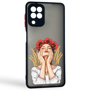 Чохол для телефона Samsung Galaxy M22 4G (SM-M225F) с 3D принтом дівчина маки колоски із захистом камери чорний 0059257 фото