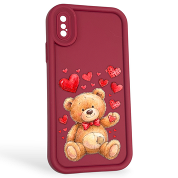 Чохол силіконовий оригінальний Soft Touch з 3D принтом милий ведмедик для Apple iPhone X бордовий (Повний захист камери) 0043205 фото