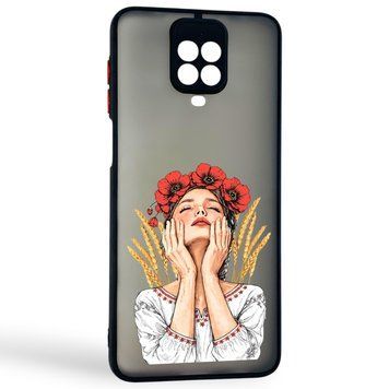 Чохол для телефона Xiaomi Redmi Note 9 Pro с 3D принтом дівчина маки колоски із захистом камери чорний 0059275 фото