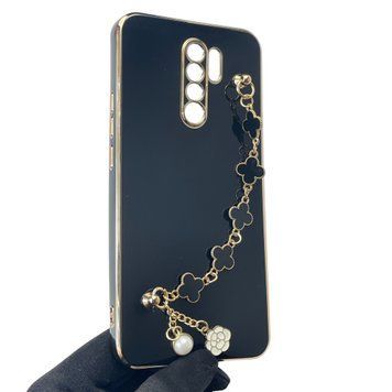 Чехол для телефона Xiaomi Redmi 9 женский с ремешком и украшениями и золотой окантовкой на сяоми редми 9 черный gs1 0016259 фото