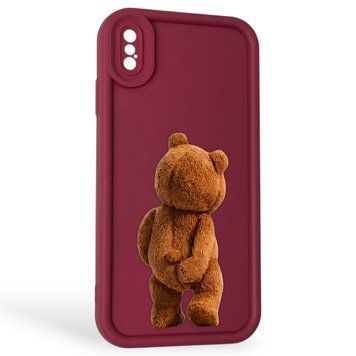 Чехол силиконовый Soft Touch с 3D принтом смешного теда мишки для Apple iPhone Xs Max бордовый (Полная защита камеры) 0049371 фото