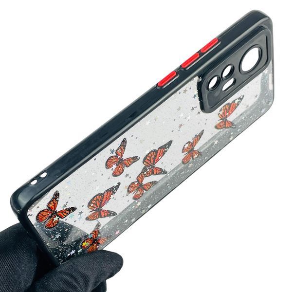 Чехол для Xiaomi 12 с блёстками с бабочками на сяоми 12 черный 0037699 фото