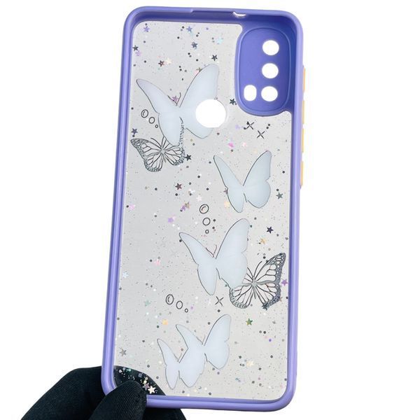 Чехол для Motorola Moto E20 с блёстками с бабочками на моторола е20 сиреневый 0037799 фото