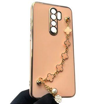 Чехол для телефона Xiaomi Redmi Note 8 Pro женский с ремешком и украшениями и золотой окантовкой на сяоми редми нот 8 про пудровый gs1 0016296 фото
