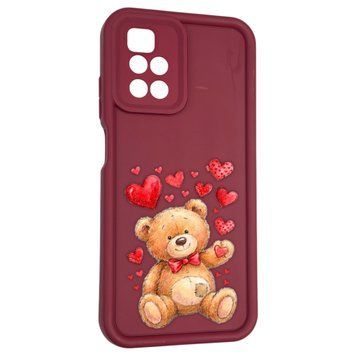 Чехол силиконовый оригинальный Soft Touch с 3D принтом милый мишка для Xiaomi Redmi 10 бордовый (Полная защита камеры) 0043615 фото