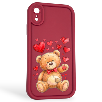 Чехол силиконовый оригинальный Soft Touch с 3D принтом милый мишка для Apple iPhone Xr бордовый (Полная защита камеры) 0043211 фото