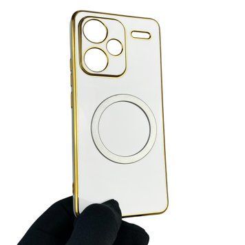 Чехол для Xiaomi Redmi Note 13 Pro Plus с кольцом MagSafe с золотой окантовкой редми нот 13 про плюс белый gs1 0021775 фото