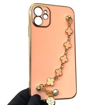 Чохол для телефона Apple iPhone 11 жіночій із ремінцем з прикрасами та золотою окантовкою на айфон 11 пудровий gs1 0016184 фото