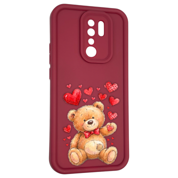 Чехол силиконовый оригинальный Soft Touch с 3D принтом милый мишка для Xiaomi Redmi 9 бордовый (Полная защита камеры) 0043708 фото
