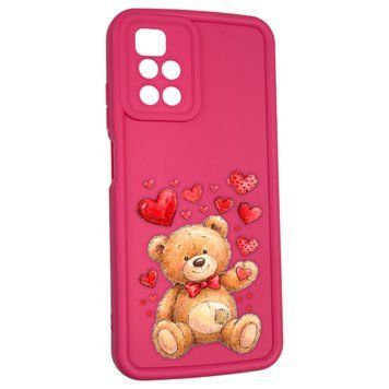 Чехол силиконовый оригинальный Soft Touch с 3D принтом милый мишка для Xiaomi Redmi 10 малиновый (Полная защита камеры) 0043617 фото