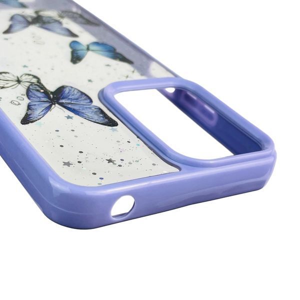 Чохол для Motorola E15 з блискітками з метеликами на моторола е15 бузковий 0037803 фото