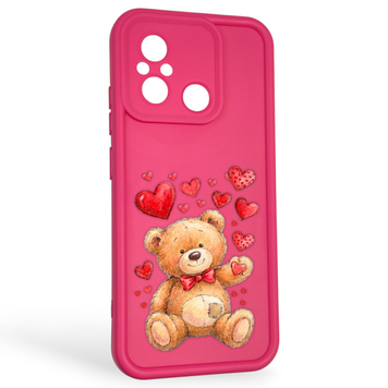 Чехол силиконовый оригинальный Soft Touch с 3D принтом милый мишка для Xiaomi Poco C55 малиновый (Полная защита камеры) 0043653 фото