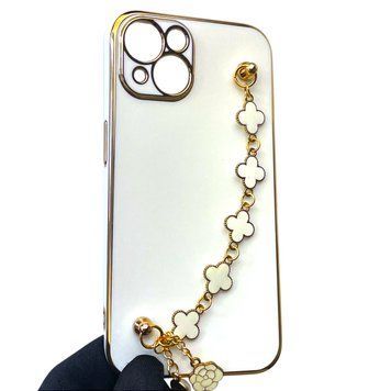 Чохол для телефона Apple iPhone 13 жіночій із ремінцем з прикрасами та золотою окантовкою на айфон 13 білий gs1 0016187 фото