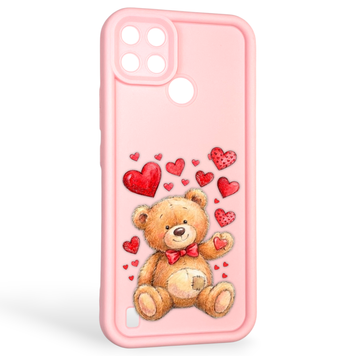Чехол силиконовый оригинальный Soft Touch с 3D принтом милый мишка для Realme C25Y розовый (Полная защита камеры) 0043319 фото