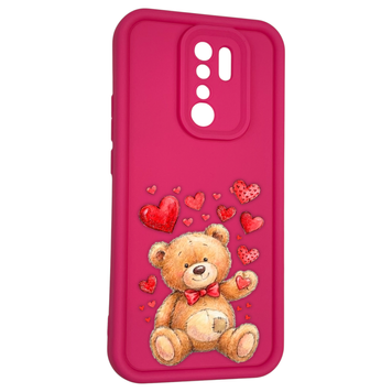 Чехол силиконовый оригинальный Soft Touch с 3D принтом милый мишка для Xiaomi Redmi 9 малиновый (Полная защита камеры) 0043710 фото