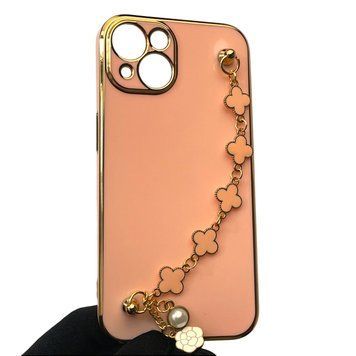 Чохол для телефона Apple iPhone 13 жіночій із ремінцем з прикрасами та золотою окантовкою на айфон 13 пудровий gs1 0016188 фото