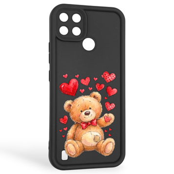 Чехол силиконовый оригинальный Soft Touch с 3D принтом милый мишка для Realme C25Y черный (Полная защита камеры) 0043321 фото