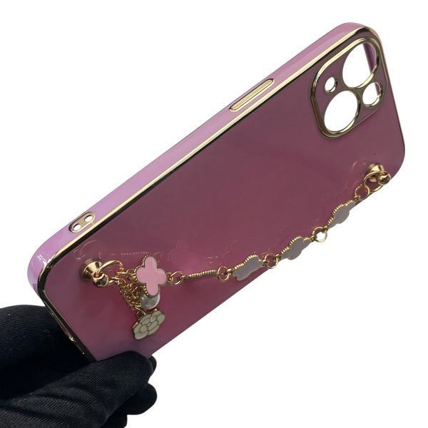 Чохол для телефона Apple iPhone 13 жіночій із ремінцем з прикрасами та золотою окантовкою на айфон 13 чорничний gs1 0016189 фото
