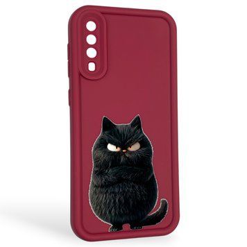 Чехол силиконовый оригинальный Soft Touch с 3D принтом злой котик для Samsung Galaxy A50 (SM-A505F) бордовый (Полная защита камеры) 0046457 фото