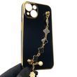 Чехол для телефона Apple iPhone 13 женский с ремешком и украшениями и золотой окантовкой на айфон 13 черный gs1