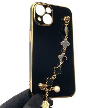 Чохол для телефона Apple iPhone 13 жіночій із ремінцем з прикрасами та золотою окантовкою на айфон 13 чорний gs1 0016190 фото